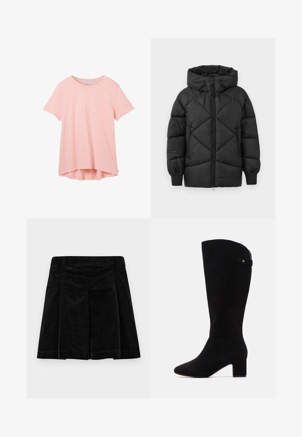Černá zateplená bunda s kapucí, se zipovým zapínáním, diamantovým prošíváním a vroubkovanými manžetami. Jemná, hladká textura.; TOM TAILOR DENIM Jednoduché tričko - crystal pink; Černá kordurová sukně s plisovaným designem, v rovné siluetě, s texturovaným povrchem a pasem pro pevné uchycení.; Černé semišové vysoké kozačky s špičatou špičkou a blokovým podpatkem. Mají hladkou strukturu a jednoduchý design, s bočním páskem jako akcentem.