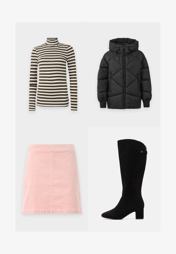 Schwarze gepolsterte Jacke mit Kapuze, ausgestattet mit einem Reißverschluss, Diamant-Steppmuster und gerippten Manschetten. Weiche, glatte Textur.; Langärmliges Rollkragenoberteil in dunkeloliv mit weißem horizontalem Streifenmuster, aus einem weichen, leichten Stoff gefertigt. Verfügt über eine taillierte Passform.; Rosa Cord-Ripp-Minirock mit taillierter Passform und vertikaler Rippstruktur. Der Saum ist gerade und er hat ein schlichtes Design ohne Verzierungen.; Schwarze Wildleder-Stiefel bis zum Knie mit spitzem Fuß und Blockabsatz. Sie verfügen über eine glatte Textur und ein einfaches Design, ergänzt durch einen seitlichen Riemenakzent.