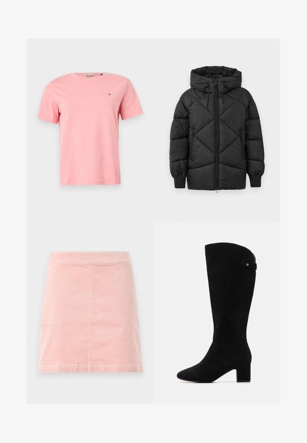 Veste rembourrée noire avec capuche, dotée d'une fermeture éclair, d'un motif en losange matelassé et de poignets côtelés. Texture douce et lisse.; T-shirt en coton rose avec un col rond, des manches courtes et un petit logo brodé sur la poitrine gauche. Texture lisse, coupe décontractée.; Jupe mini en velours côtelé rose avec une taille ajustée et une texture côtelée verticale. L'ourlet est droit et présente un design simple sans embellissements.; Bottes noires en daim arrivant au genou, avec un bout pointu et un talon bloc. Elles présentent une texture lisse et un design simple, agrémenté d'une sangle latérale.