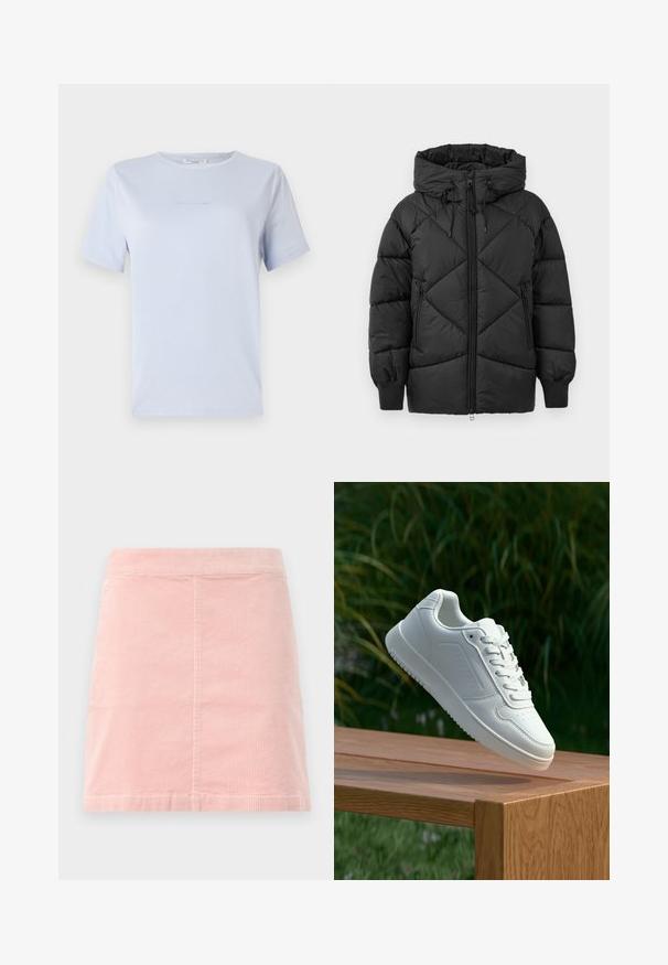 Juodas paminkštintas striukė su kapišonu, turinti užtrauktuką, deimantinės siuvinėjimo raštą ir spiralinės rankovių apdailas. Minkšta, lygi tekstūra.; Šviesiai mėlyna trumpomis rankovėmis marškinėliai, pagaminti iš minkštos medžiagos, su apvaliu kaklu ir subtiliu logotipo spaudiniu. Paprastas dizainas, laisvas pritaikymas.; Rožinė velūriniu mini sijonas su prigludusia talija ir vertikaliais raibais. Sijono apdaila tiesi, jis turi paprastą dizainą be jokių puošmenų.; Balti sneakeriai su lygia sintetine viršutine dalimi, perforuota pirštų zona, plokščiomis raištelėmis ir tekstūruotu padu, padėti ant medinės paviršiaus.