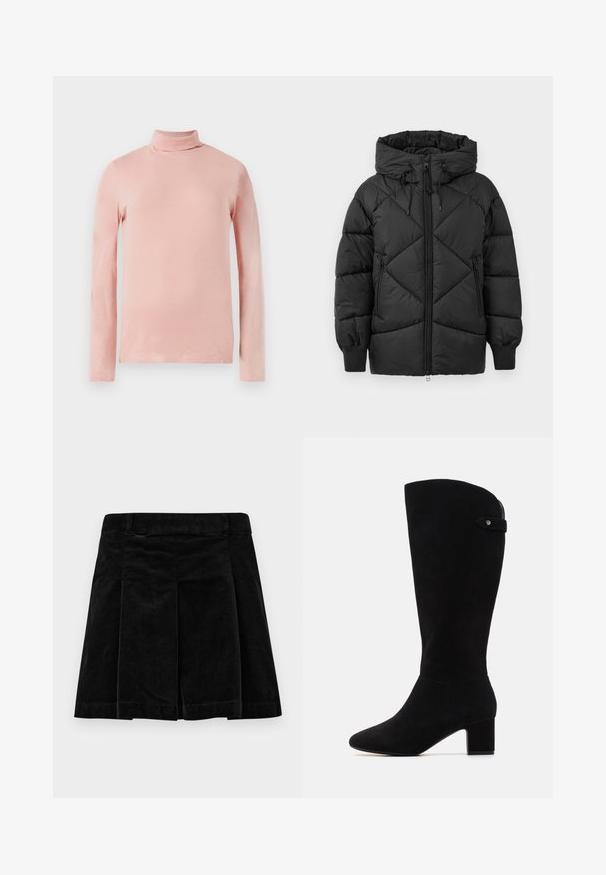 Crna pufasta jakna s kapuljačom, s patentnim zatvaračem, dijamantnim quiltovanim uzorkom i rebrastim manžetama. Mekana, glatka tekstura.; Svijetloružičasti pulover s dugim rukavima i visokim ovratnikom, koji ima uski kroj, glatku teksturu i visoki ovratnik. Nema vidljivih uzoraka ili ukrasa.; Crna kord skirt s nabranim dizajnom, ravnog kroja, teksturirane površine i strukom za sigurno pristajanje.; Crne suknje na koljenima od antilopa s špicastim vrhom i blok petom. Imaju glatku teksturu i jednostavan dizajn, s naglaskom na bočnu traku.