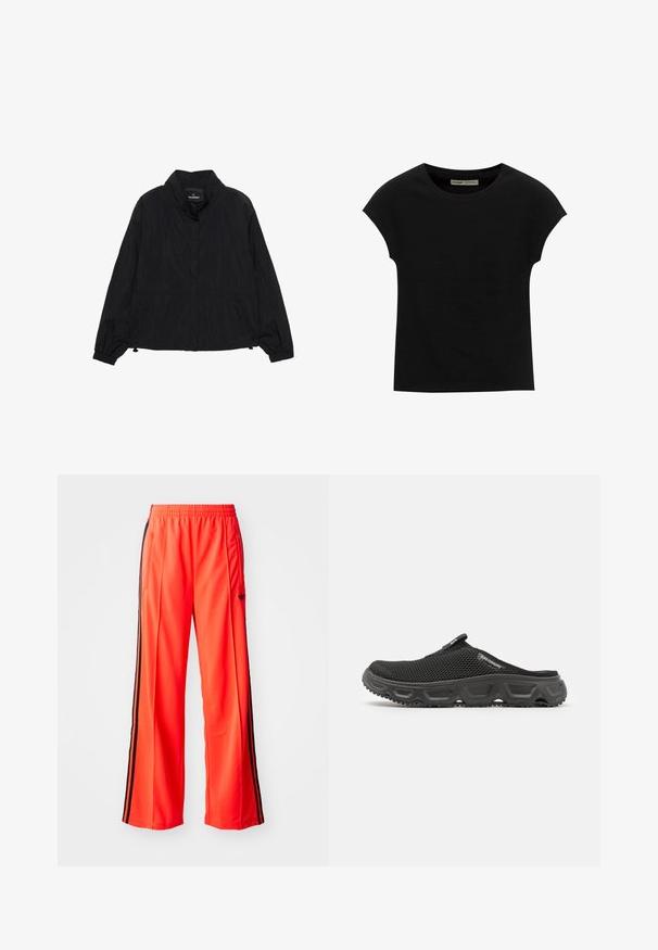 Musta kevyt takki, jossa on pystykaulus, joustavat hihat ja sivutaskut. Ominaisuuksiin kuuluu teksturoitu, ryppyinen pinta ja rento istuvuus.; Musta lyhythihainen T-paita, jossa pyöreä kaula-aukko. Valmistettu sileästä, joustavasta puuvillakankaasta. Yksinkertainen malli ilman kuvioita tai grafiikoita.; Kirjavaoranssit urheiluhousut, joissa on leveä lahje, mustat sivuraitat ja joustava vyötärö. Sisältää vetoketjullisen taskun.; Musta verkkomateriaali liukupohjainen kenkä, jossa on teksturoitu kumipohja, pyöristetyt varpaat ja takana vetotappi. Ominaisuuksiin kuuluvat näkyvät saumat ja hienovarainen logoyksityiskohta.