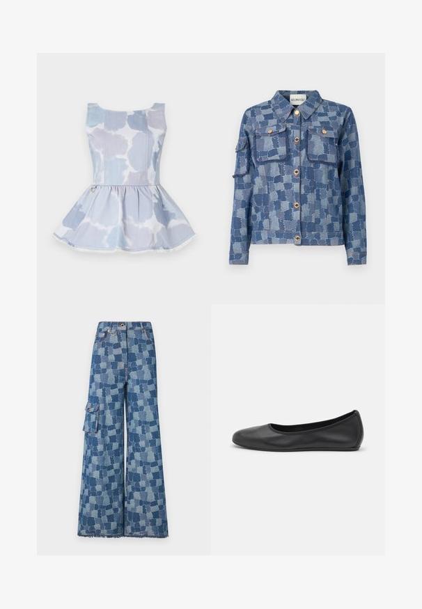 Denim jacket featuring a blue patchwork pattern, silver buttons, and two front pockets. Material has a textured finish and frayed edges.; Denim peplum top in light blue with a tie-dye pattern, featuring a scoop neckline and a gold accent detail at the waist.; Wide-leg jeans in blue denim featuring a large patchwork pattern, frayed hem, and side pocket with button detail.; Black leather ballet flat with a rounded toe, smooth texture, minimal stitching detail, and a flexible sole design.
