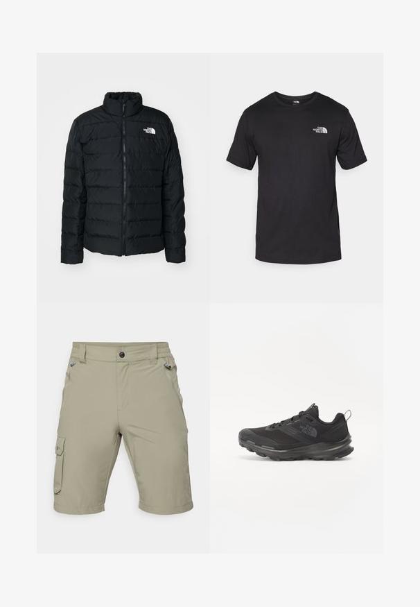 Črna puhovka s kvadratnimi delovi, visokim ovratnikom, sprednjim zadrgo in majhnim belim logotipom na levem prsnem delu. Lahka in izolirana zasnova.; Črna kratko sleeved majica iz bombaža, s krožnim izrezom in majhnim belim logotipom na zgornjem levem delu prsnega koša.; Bež kratke hlače iz lahkega blaga. Imajo dve sprednji žepi, en stranski žep in ravno pasnico s gumbom.; Črne športne čevlje z mrežastim zgornjim delom, gumijastim podplatom in oblazinjenim ovratnikom. Imajo vezalke, logo na strani in strukturiran dizajn.