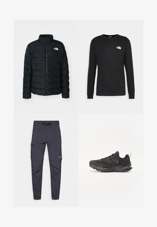 Casaco puffer preto com secções acolchoadas, gola alta, fecho frontal e pequeno logotipo branco no lado esquerdo do peito. Design leve e isolante.; Camisola de manga longa preta feita de algodão, com um logo branco no lado esquerdo do peito e punhos canelados. Textura suave com decote redondo.; Calças outdoor leves cinza escuro com cinto, múltiplos bolsos e um compartimento lateral com fecho de correr. Tecido liso e durável com punhos ajustáveis.; Sapatilha atlética preta com parte superior em malha, sola de borracha e colarinho almofadado. Apresenta atacadores, logótipo de lado e um design texturizado.