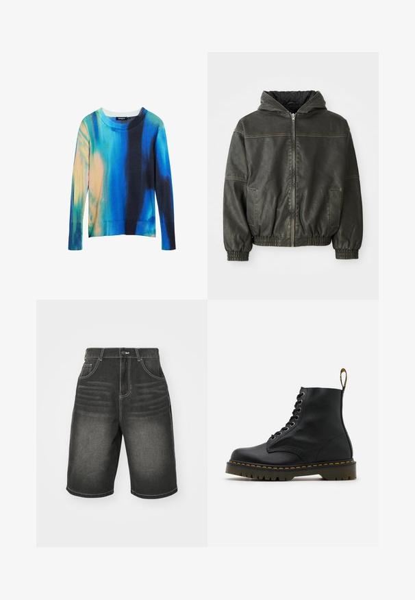 Dark leather bomber jacket with a hood, elastic cuffs, and waistband. Features a front zip and two side pockets. Textured finish with stitching detail.; Multicolored long-sleeve crew neck sweater featuring a blend of blue, teal, and orange hues with a ribbed hem and soft texture.; Black denim shorts with white stitching, featuring front pockets and a relaxed fit, designed with subtle fading near the waistband.; Black leather ankle boot with round toe, lace-up front, yellow stitching around the sole, and a pull tab at the heel. Textured rubber outsole.