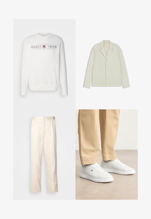 Light beige jacket with a notched lapel, button closure, and side zippers. Made from smooth, textured fabric with a tailored fit.; White sweatshirt with long sleeves, crew neck, and ribbed cuffs. Features the text "GANT 1949" and a logo in dark blue and red.; Beige cotton trousers with a straight-leg cut, featuring a button closure and pleats at the front for added detail.; White leather sneakers with a smooth finish, featuring round toe, lace-up design, and subtle logo detail on the side, paired with beige pants.