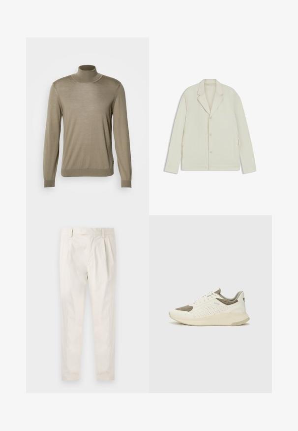 Valkoinenbeige takki, jossa on sahalaita, napitus ja sivuvetoketjut. Valmistettu sileästä, teksturoidusta kankaasta, joka on muotoiltu hyvin istuvaksi.; Beige turtleneck neule, joka on valmistettu ohuesta, ribatusta kankaasta. Pitkät hihat, joissa on tiukat hihansuut ja suora helma alhaalla. Yksinkertainen muotoilu, ilman kuvioita.; Valkoiset, laskostetut housut, joissa on räätälöity istuvuus. Housut ovat sileäpintaiset, niissä on vyölenkit ja kapenevat lahkeet. Ei näkyviä taskuja tai kuvioita.; Valkoinen ja vaaleanbeige urheilukengät, joissa on verkkomateriaali yläosa, rei'itettyjä yksityiskohtia ja teksturoitu välipohja, jossa on brändäys kantapäässä.