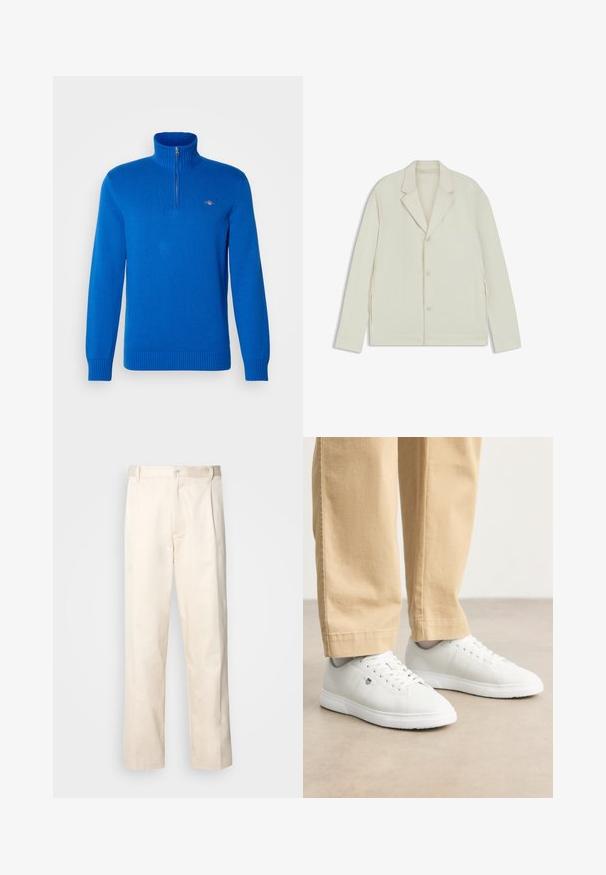 Jasnobeżowa kurtka z wyłogowym kołnierzem, zapięciem na guziki i bocznymi zamkami. Wykonana z gładkiego, teksturowanego materiału o dopasowanym kroju.; Niebieski sweter z zamkiem na szyi, o prążkowanej fakturze, wykonany z dzianiny, z długimi rękawami i dopasowanym dołem. Posiada małe logo na piersi.; Beżowe bawełniane spodnie o prostym kroju nogawki, z zapięciem na guziki i plisami z przodu dla dodatkowego zdobienia.; Białe skórzane sneakersy o gładkim wykończeniu, z okrągłym noskiem, sznurowanym designem i subtelnym logo po boku, w połączeniu z beżowymi spodniami.