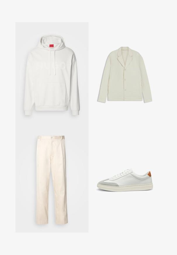 Giacca beige chiaro con rever a taglio, chiusura con bottoni e zip laterali. Realizzata in tessuto liscio e testurizzato con una vestibilità su misura.; HUGO DITCHLE - Felpa - natural; Pantaloni in cotone beige con taglio dritto, dotati di chiusura a bottone e pence sul davanti per un tocco di dettaglio in più.; Sneakers bianchi in pelle con accenti in suede grigio e un tallone in pelle beige. Presentano una superficie testurizzata e una suola leggera.