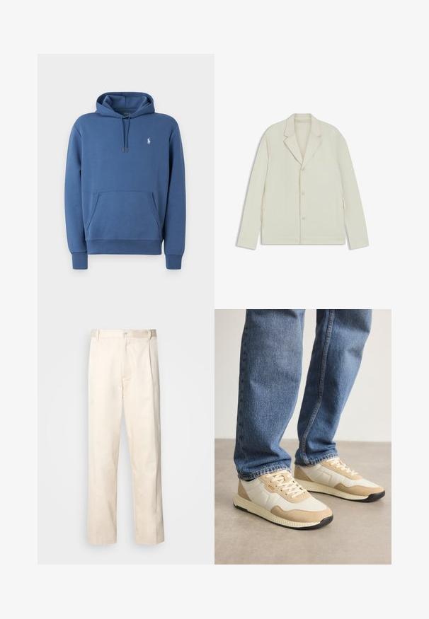 Light beige jacket with a notched lapel, button closure, and side zippers. Made from smooth, textured fabric with a tailored fit.; Blue hoodie made of soft material with a front pocket, drawstring hood, and white logo detail on the chest. Features ribbed cuffs and hem.; Beige cotton trousers with a straight-leg cut, featuring a button closure and pleats at the front for added detail.; Beige and cream sneakers with suede and mesh materials, featuring a textured sole and tonal accents, paired with blue denim jeans.
