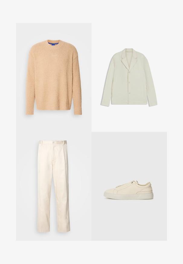 Valkoinenbeige takki, jossa on sahalaita, napitus ja sivuvetoketjut. Valmistettu sileästä, teksturoidusta kankaasta, joka on muotoiltu hyvin istuvaksi.; HUGO SANOU - Neule - medium beige; Vaaleanbeige puuvillahousut, joissa on suora lahje, varustettu nappisulkeisella ja etupuolella olevilla laskoksilla lisäyksinä.; Beige nahkakengät, joissa on pyöreä kärki, minimalistinen muotoilu, hillityt ommellut yksityiskohdat ja teksturoitu päällinen, vaalealla pohjalla.