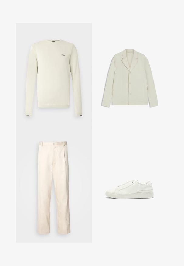 Valkoinenbeige takki, jossa on sahalaita, napitus ja sivuvetoketjut. Valmistettu sileästä, teksturoidusta kankaasta, joka on muotoiltu hyvin istuvaksi.; Vaaleanbeige neulepaita, jossa pitkät hihat, pyöreä pääntie, resorit hihansuissa ja pieni musta "BOSS"-logo rinnassa. Sileä pinta, rento design.; Vaaleanbeige puuvillahousut, joissa on suora lahje, varustettu nappisulkeisella ja etupuolella olevilla laskoksilla lisäyksinä.; Valkoinen nahkakenkä, jossa on teksturoitu yläosa, pyöreä kärki, minimalistinen muotoilu ja kumipohja, jossa on ommeltu yksityiskohta.