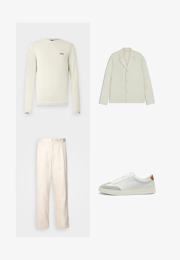 Chaqueta de color beige claro con solapas en pico, cierre de botones y cremalleras laterales. Fabricada con una tela suave y texturizada, con un corte a medida.; Suéter beige claro con mangas largas, cuello redondo, puños acanalados y un pequeño logo negro "BOSS" en el pecho. Textura suave, diseño casual.; Pantalones de algodón beige con corte recto, que cuentan con un cierre de botón y pliegues en la parte frontal para un detalle adicional.; Zapatillas de cuero blanco con acentos de ante gris y un refuerzo de cuero marrón claro en el talón. Presentan una superficie texturizada y una suela ligera.