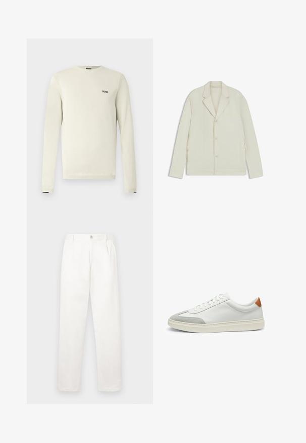 Giacca beige chiaro con rever a taglio, chiusura con bottoni e zip laterali. Realizzata in tessuto liscio e testurizzato con una vestibilità su misura.; Maglione color beige chiaro con maniche lunghe, collo rotondo, polsini a costine e un piccolo logo nero "BOSS" sul petto. Texture liscia, design casual.; Pantaloni bianchi realizzati in tessuto liscio, con un design a gamba dritta, pieghe frontali e una chiusura a bottone singolo in vita.; Sneakers bianchi in pelle con accenti in suede grigio e un tallone in pelle beige. Presentano una superficie testurizzata e una suola leggera.