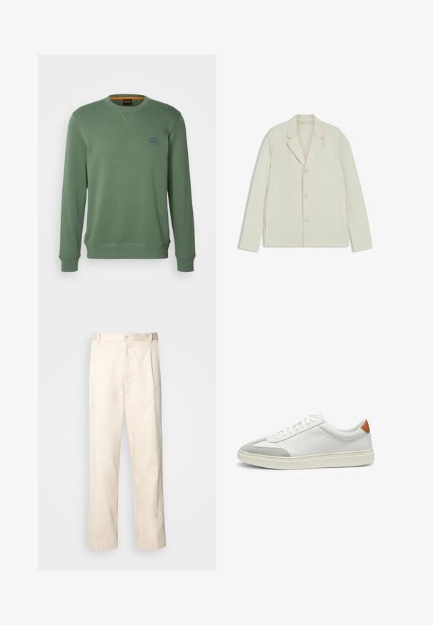 Light beige jacket with a notched lapel, button closure, and side zippers. Made from smooth, textured fabric with a tailored fit.; BOSS WESTART - Sweatshirt - open green; Beige cotton trousers with a straight-leg cut, featuring a button closure and pleats at the front for added detail.; White leather sneakers with gray suede accents and a tan leather heel tab. Features a textured surface and lightweight sole.
