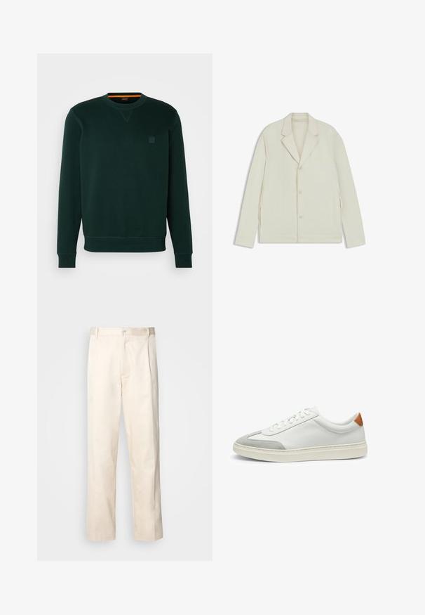 Light beige jacket with a notched lapel, button closure, and side zippers. Made from smooth, textured fabric with a tailored fit.; Dark green sweatshirt made of soft fabric, featuring a crew neck, ribbed cuffs, and a small logo patch on the chest. Smooth texture.; Beige cotton trousers with a straight-leg cut, featuring a button closure and pleats at the front for added detail.; White leather sneakers with gray suede accents and a tan leather heel tab. Features a textured surface and lightweight sole.