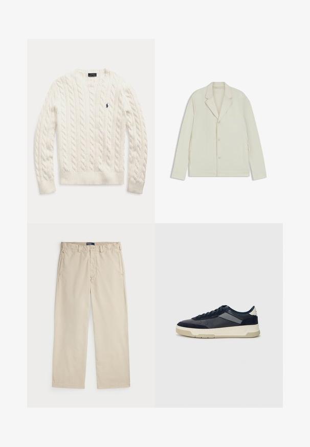 Light beige jacket with a notched lapel, button closure, and side zippers. Made from smooth, textured fabric with a tailored fit.; White cable knit long-sleeve sweater with ribbed cuffs and hem, featuring a small navy embroidered Polo Ralph Lauren logo on the chest.; Beige cotton chinos with a straight leg design, featuring a button closure and two front pockets. Smooth texture and solid color.; BOSS BALTIMORE - Trainers - open blue