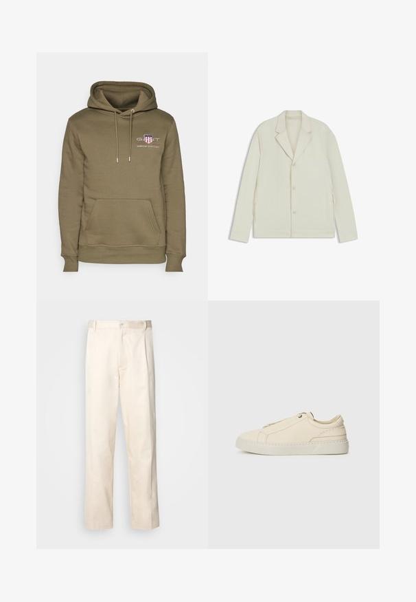 Light beige jacket with a notched lapel, button closure, and side zippers. Made from smooth, textured fabric with a tailored fit.; Olive green hoodie with a kangaroo pocket, drawstring hood, and embroidered logo featuring a shield design and text on the chest.; Beige cotton trousers with a straight-leg cut, featuring a button closure and pleats at the front for added detail.; Beige leather sneaker with a rounded toe, minimalistic design, subtle stitching details, and a textured upper, on a light sole.