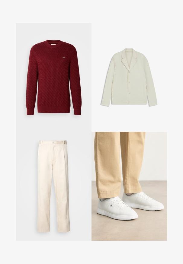 Giacca beige chiaro con rever a taglio, chiusura con bottoni e zip laterali. Realizzata in tessuto liscio e testurizzato con una vestibilità su misura.; Maglione in maglia bordeaux con motivo a rombi, scollatura a girocollo, maniche lunghe e polsini a costine. Piccolo dettaglio del logo sul davanti. Texture morbida.; Pantaloni in cotone beige con taglio dritto, dotati di chiusura a bottone e pence sul davanti per un tocco di dettaglio in più.; Sneakers in pelle bianca con finitura liscia, dotati di punta rotonda, chiusura con lacci e dettaglio logo discreto sul lato, abbinati a pantaloni beige.