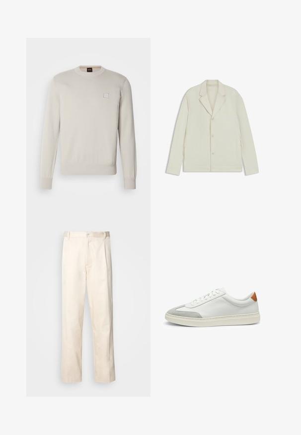 Jasnobeżowa kurtka z wyłogowym kołnierzem, zapięciem na guziki i bocznymi zamkami. Wykonana z gładkiego, teksturowanego materiału o dopasowanym kroju.; Jasno beżowy sweter wykonany na drutach, z długimi rękawami, okrągłym dekoltem, prążkowanym dołem i mankietami, z małym prostokątnym logo na piersi.; Beżowe bawełniane spodnie o prostym kroju nogawki, z zapięciem na guziki i plisami z przodu dla dodatkowego zdobienia.; Białe skórzane tenisówki z szarymi zamszowymi akcentami oraz brązowym skórzanym zapiętkiem. Posiadają teksturowaną powierzchnię i lekką podeszwę.