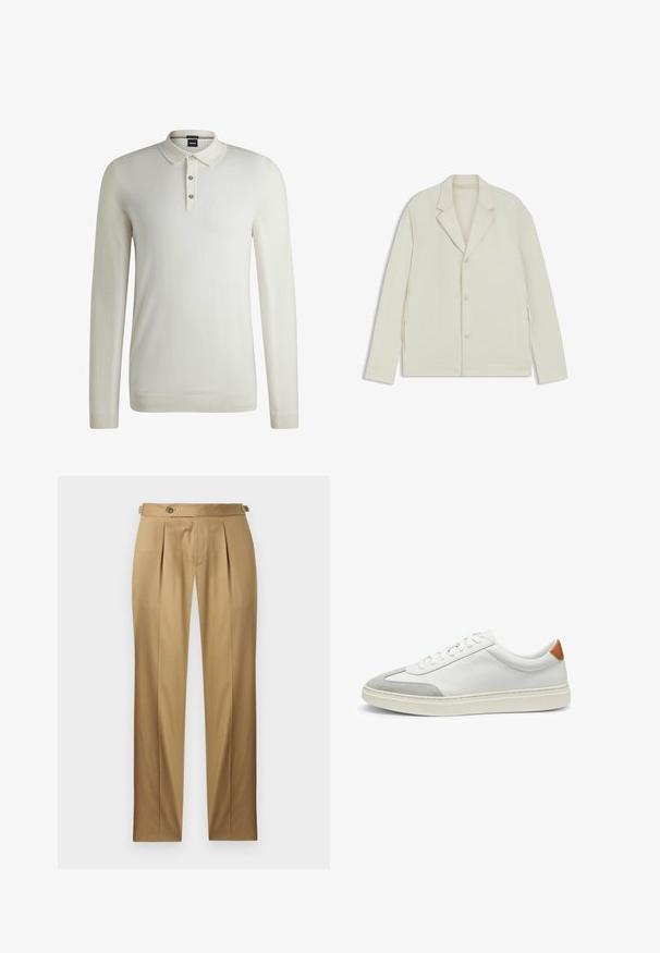 Valkoinenbeige takki, jossa on sahalaita, napitus ja sivuvetoketjut. Valmistettu sileästä, teksturoidusta kankaasta, joka on muotoiltu hyvin istuvaksi.; BOSS Neule - open white eleven; Beiget suoralahkeiset housut, joissa on laskokset, napillinen suljenta ja vyölenkit. Sileä kangas ja siisti, räätälöity ilme.; Valkoiset nahkakengät, joissa on harmaat mikrokuituakkentit ja vaaleanruskea nahkakanta. Ominaisuuksiin kuuluu teksturoitu pinta ja kevyt pohja.