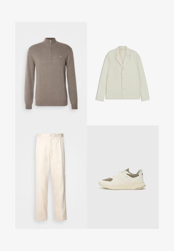 Helle beigefarbene Jacke mit Reverskragen, Knopfverschluss und seitlichen Reißverschlüssen. Hergestellt aus glattem, strukturiertem Material mit einer taillierten Passform.; GANT HALF ZIP - Strickpullover - dark hazelnut melange; Beige Baumwollhose mit geradem Bein, ausgestattet mit einem Knopfverschluss und Falten an der Vorderseite für zusätzliche Details.; Weiße und hellbeige Sport Sneakers, ausgestattet mit einem Obermaterial aus Netzgewebe, perforierten Details und einer strukturierten Zwischensohle mit Branding an der Ferse.