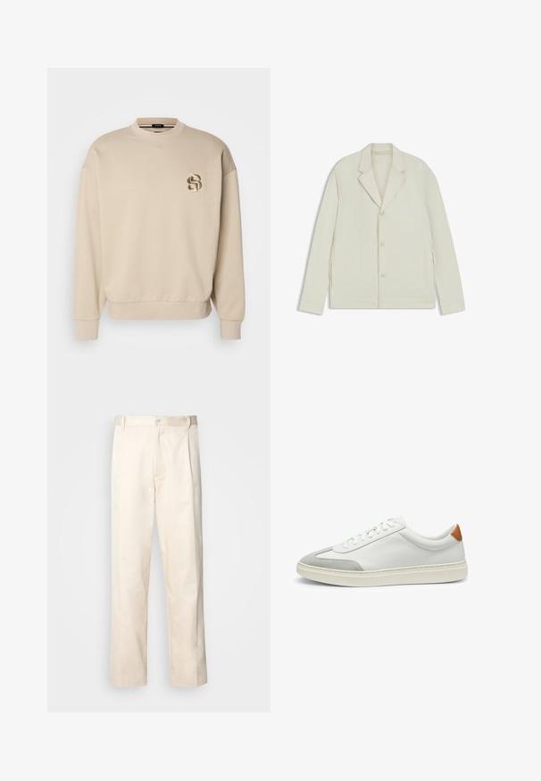 Giacca beige chiaro con rever a taglio, chiusura con bottoni e zip laterali. Realizzata in tessuto liscio e testurizzato con una vestibilità su misura.; Felpa beige con maniche lunghe, scollo rotondo e polsini a costine. Presenta un logo ricamato sul lato sinistro del petto. Texture liscia.; Pantaloni in cotone beige con taglio dritto, dotati di chiusura a bottone e pence sul davanti per un tocco di dettaglio in più.; Sneakers bianchi in pelle con accenti in suede grigio e un tallone in pelle beige. Presentano una superficie testurizzata e una suola leggera.