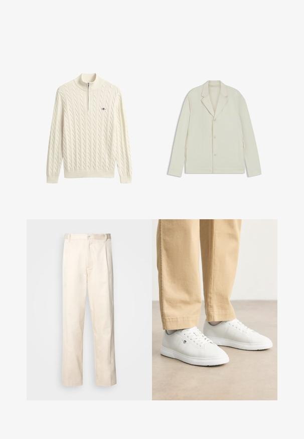 Light beige jacket with a notched lapel, button closure, and side zippers. Made from smooth, textured fabric with a tailored fit.; Cream-colored knit sweater with a high collar, featuring cable patterns and a half-zip closure. Ribbed cuffs and hem complete the design.; Beige cotton trousers with a straight-leg cut, featuring a button closure and pleats at the front for added detail.; White leather sneakers with a smooth finish, featuring round toe, lace-up design, and subtle logo detail on the side, paired with beige pants.