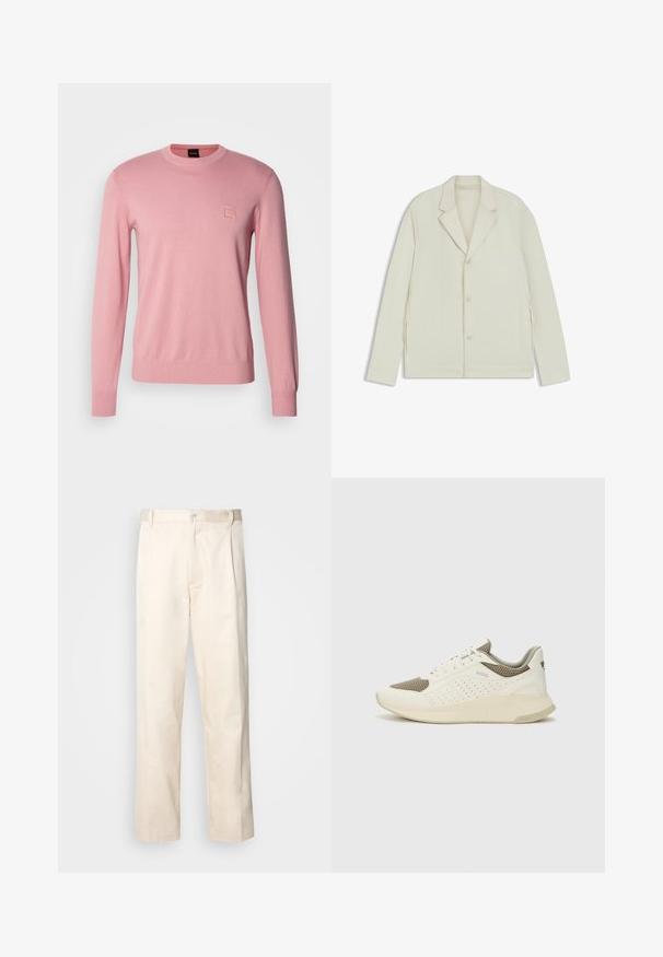 Helle beigefarbene Jacke mit Reverskragen, Knopfverschluss und seitlichen Reißverschlüssen. Hergestellt aus glattem, strukturiertem Material mit einer taillierten Passform.; Rosa Strickpullover mit Rundhalsausschnitt, gerippten Bündchen und Saum, versehen mit einem kleinen Markierungsabzeichen auf der Brust. Weicher Stoff und taillierte Passform.; Beige Baumwollhose mit geradem Bein, ausgestattet mit einem Knopfverschluss und Falten an der Vorderseite für zusätzliche Details.; Weiße und hellbeige Sport Sneakers, ausgestattet mit einem Obermaterial aus Netzgewebe, perforierten Details und einer strukturierten Zwischensohle mit Branding an der Ferse.