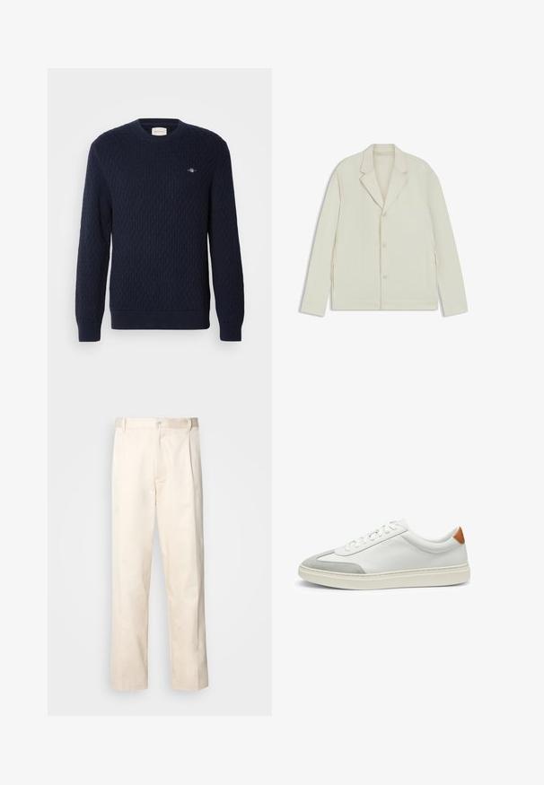 Giacca beige chiaro con rever a taglio, chiusura con bottoni e zip laterali. Realizzata in tessuto liscio e testurizzato con una vestibilità su misura.; Maglione lavorato a maglia blu navy con una trama a diamante, scollo a girocollo e polsini a coste. Piccolo logo ricamato sul lato sinistro superiore.; Pantaloni in cotone beige con taglio dritto, dotati di chiusura a bottone e pence sul davanti per un tocco di dettaglio in più.; Sneakers bianchi in pelle con accenti in suede grigio e un tallone in pelle beige. Presentano una superficie testurizzata e una suola leggera.