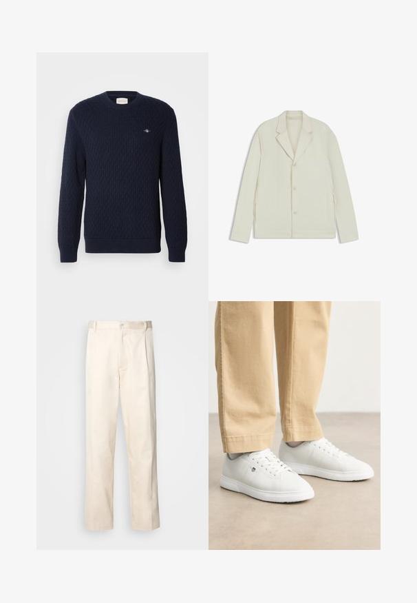 Giacca beige chiaro con rever a taglio, chiusura con bottoni e zip laterali. Realizzata in tessuto liscio e testurizzato con una vestibilità su misura.; Maglione lavorato a maglia blu navy con una trama a diamante, scollo a girocollo e polsini a coste. Piccolo logo ricamato sul lato sinistro superiore.; Pantaloni in cotone beige con taglio dritto, dotati di chiusura a bottone e pence sul davanti per un tocco di dettaglio in più.; Sneakers in pelle bianca con finitura liscia, dotati di punta rotonda, chiusura con lacci e dettaglio logo discreto sul lato, abbinati a pantaloni beige.