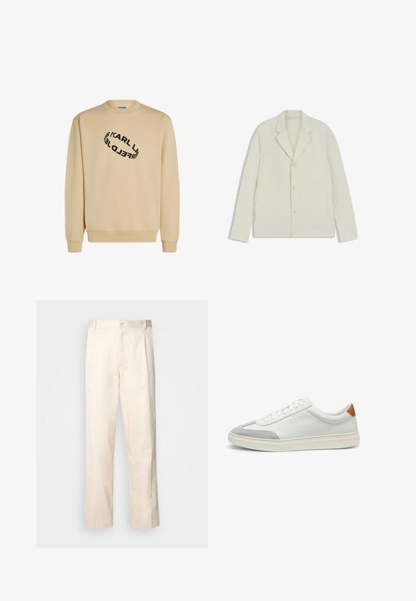 Light beige jacket with a notched lapel, button closure, and side zippers. Made from smooth, textured fabric with a tailored fit.; Beige sweatshirt with round neckline. Features a black text design in a spiral layout. Long sleeves and ribbed cuffs at the hem.; Beige cotton trousers with a straight-leg cut, featuring a button closure and pleats at the front for added detail.; White leather sneakers with gray suede accents and a tan leather heel tab. Features a textured surface and lightweight sole.