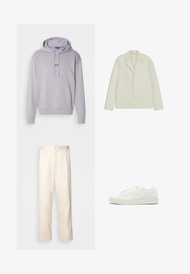 Light beige jacket with a notched lapel, button closure, and side zippers. Made from smooth, textured fabric with a tailored fit.; Light grey hoodie made of soft fabric, featuring a front pocket, adjustable drawstrings, and a small blue brand logo on the chest.; Beige cotton trousers with a straight-leg cut, featuring a button closure and pleats at the front for added detail.; White leather sneaker featuring a textured upper, a round toe, minimalistic design, and a rubber sole with stitched detailing.