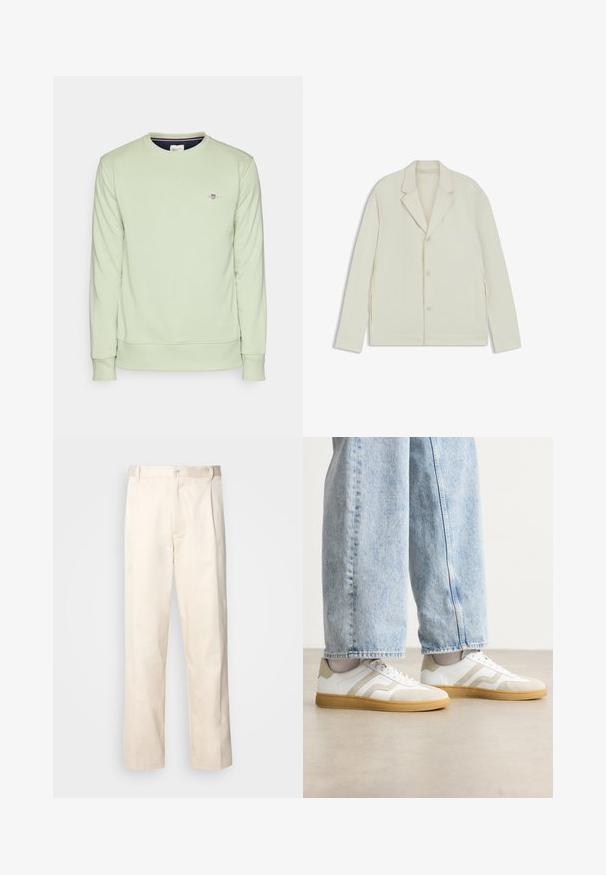 Light beige jacket with a notched lapel, button closure, and side zippers. Made from smooth, textured fabric with a tailored fit.; Light green sweatshirt with long sleeves, ribbed cuffs, and hem. Features a small embroidered logo on the chest. Soft texture.; Beige cotton trousers with a straight-leg cut, featuring a button closure and pleats at the front for added detail.; White sneakers with beige suede accents and light rubber soles; features a low-top design and textured detailing on the upper.