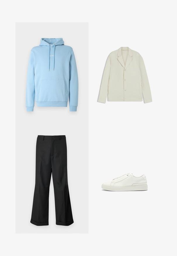 Veste beige clair avec un col cranté, fermeture à bouton et zips latéraux. Fabriquée en tissu lisse et texturé avec une coupe ajustée.; Sweat à capuche bleu clair en coton doux, avec poche avant et cordon de serrage à la capuche. Design minimaliste avec logo sur la poitrine.; Pantalons noirs à jambes larges avec taille boutonnée et ourlets retroussés, présentés sur un arrière-plan blanc uni.; Baskets en cuir blanc avec un upper texturé, une pointe ronde, un design minimaliste et une semelle en caoutchouc avec des coutures décoratives.