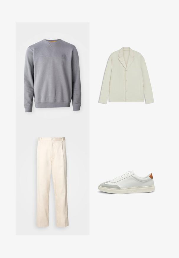 Light beige jacket with a notched lapel, button closure, and side zippers. Made from smooth, textured fabric with a tailored fit.; Gray crew-neck sweatshirt made of a soft material. Features ribbed cuffs, hem, and a small logo patch on the chest. Smooth texture.; Beige cotton trousers with a straight-leg cut, featuring a button closure and pleats at the front for added detail.; White leather sneakers with gray suede accents and a tan leather heel tab. Features a textured surface and lightweight sole.
