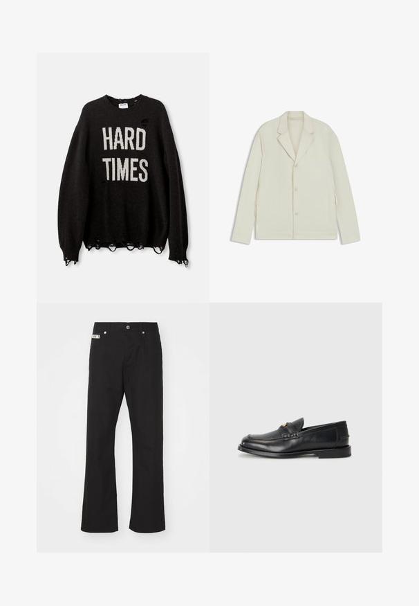 Ljus beige jacka med spetsiga slag, knappstängning och sidodragkedjor. Tillverkad av slätt, texturerat tyg med en skräddarsydd passform.; Svart tröja med "HARD TIMES" i vit text, sliten design med hål och fransade kanter, ribbade ärmslut och krage.; Svarta bomullsbukser med rak passform, med knappstängning fram, två sidofickor och en liten logotyp på midjan.; Svarta läderloafers har en rund tå, sömnadsdetaljer och en liten guldaccent framtill. Sulan är platt och diskret.