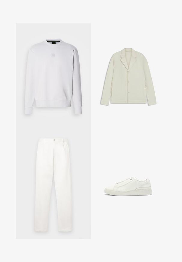 Giacca beige chiaro con rever a taglio, chiusura con bottoni e zip laterali. Realizzata in tessuto liscio e testurizzato con una vestibilità su misura.; Felpa bianca realizzata in tessuto liscio, con colletto rotondo, polsini a coste e un sottile logo esagonale sul petto. Design semplice.; Pantaloni bianchi realizzati in tessuto liscio, con un design a gamba dritta, pieghe frontali e una chiusura a bottone singolo in vita.; Sneaker bianca in pelle con tomaia testurizzata, punta tonda, design minimalista e suola in gomma con dettagli cuciti.