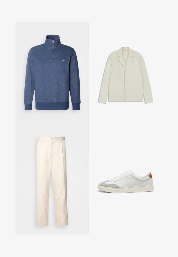 Giacca beige chiaro con rever a taglio, chiusura con bottoni e zip laterali. Realizzata in tessuto liscio e testurizzato con una vestibilità su misura.; GANT SHIELD HALF ZIP - Felpa - dark jeansblue melange; Pantaloni in cotone beige con taglio dritto, dotati di chiusura a bottone e pence sul davanti per un tocco di dettaglio in più.; Sneakers bianchi in pelle con accenti in suede grigio e un tallone in pelle beige. Presentano una superficie testurizzata e una suola leggera.