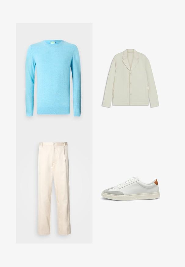 Helle beigefarbene Jacke mit Reverskragen, Knopfverschluss und seitlichen Reißverschlüssen. Hergestellt aus glattem, strukturiertem Material mit einer taillierten Passform.; Hellblauer Pullover, aus weichem Stoff, mit rundem Halsausschnitt und langen Ärmeln, glatter Textur und ohne Muster.; Beige Baumwollhose mit geradem Bein, ausgestattet mit einem Knopfverschluss und Falten an der Vorderseite für zusätzliche Details.; Weiße Leder-Sneaker mit grauen Wildlederakzenten und einer sandfarbenen Lederfersenschlaufe. Sie verfügen über eine strukturierte Oberfläche und eine leichte Sohle.