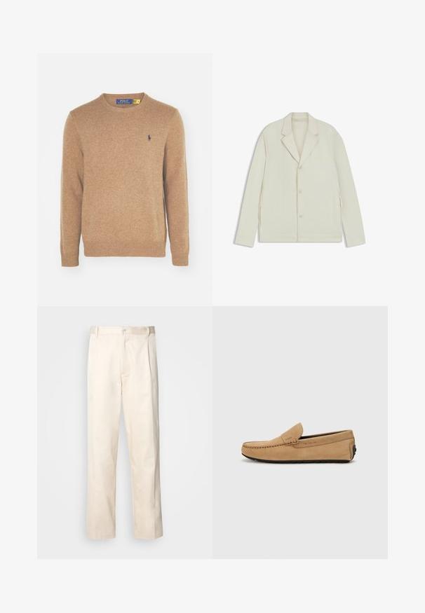 Light beige jacket with a notched lapel, button closure, and side zippers. Made from smooth, textured fabric with a tailored fit.; Brown crew-neck sweater made of soft fabric, featuring ribbed cuffs and hem, with a small, dark blue embroidered logo on the chest.; Beige cotton trousers with a straight-leg cut, featuring a button closure and pleats at the front for added detail.; Beige suede moccasin shoe with a stitched toe, slip-on design, and black rubber sole. Features subtle branding on the side.