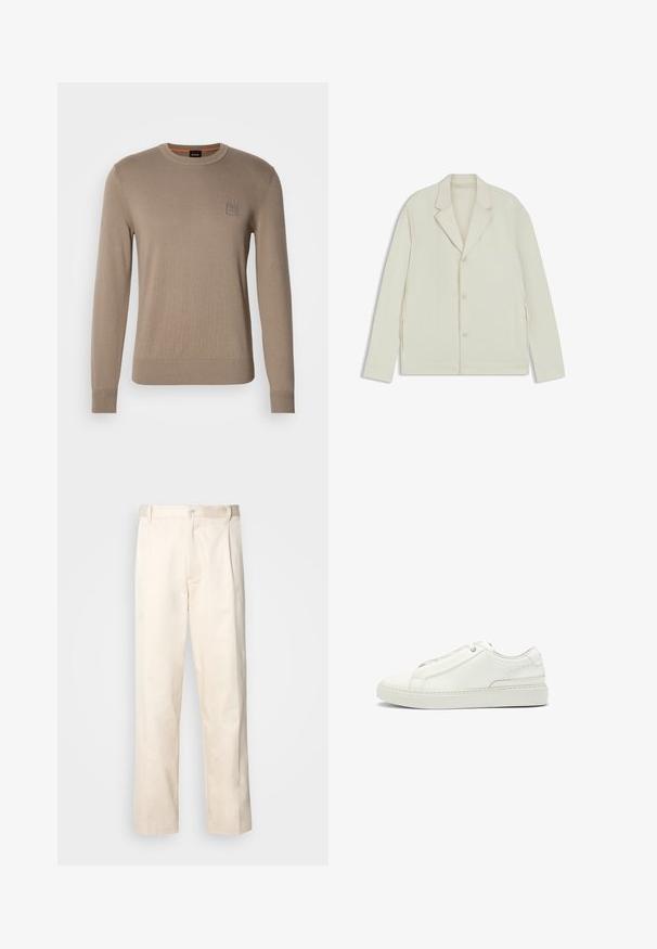 Valkoinenbeige takki, jossa on sahalaita, napitus ja sivuvetoketjut. Valmistettu sileästä, teksturoidusta kankaasta, joka on muotoiltu hyvin istuvaksi.; Beige miesten crewneck-paita, jossa on pitkät hihat, ribbaatut hihansuut ja helma, sekä pieni neliön muotoinen logopatch rintapielessä.; Vaaleanbeige puuvillahousut, joissa on suora lahje, varustettu nappisulkeisella ja etupuolella olevilla laskoksilla lisäyksinä.; Valkoinen nahkakenkä, jossa on teksturoitu yläosa, pyöreä kärki, minimalistinen muotoilu ja kumipohja, jossa on ommeltu yksityiskohta.