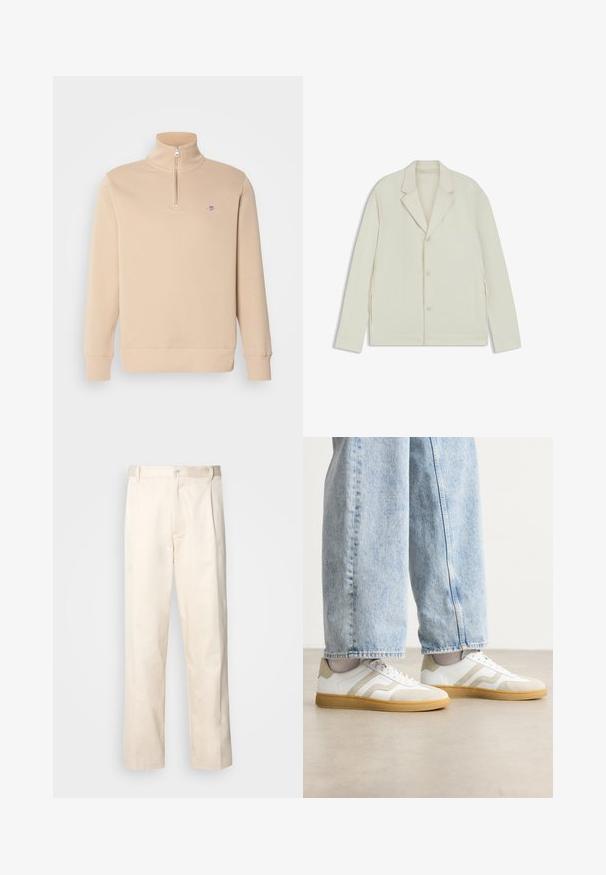 Helle beigefarbene Jacke mit Reverskragen, Knopfverschluss und seitlichen Reißverschlüssen. Hergestellt aus glattem, strukturiertem Material mit einer taillierten Passform.; GANT REG SHIELD HALF ZIP  - Sweatshirt - dry sand; Beige Baumwollhose mit geradem Bein, ausgestattet mit einem Knopfverschluss und Falten an der Vorderseite für zusätzliche Details.; Weiße Sneakers mit beigen Wildleder-Akzenten und hellen Gummisohlen; verfügen über ein Low-Top-Design und eine strukturierte Oberflächenverarbeitung.