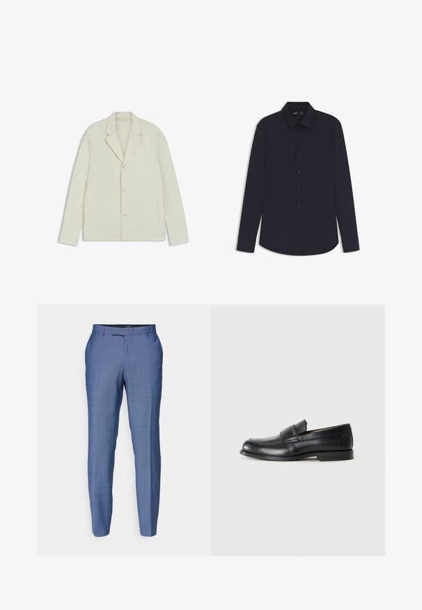 Light beige jacket with a notched lapel, button closure, and side zippers. Made from smooth, textured fabric with a tailored fit.; Navy long-sleeve button-up shirt made from smooth fabric with a structured collar, featuring dark buttons and a curved hem.; Light blue tailored trousers with a textured fabric. Features a flat front, narrow legs, and a zip fly with a hook closure.; Black leather loafers with a rounded toe, stitched detailing, and a flat rubber sole. Features a broad band across the instep.