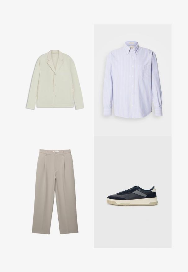 Jasnobeżowa kurtka z wyłogowym kołnierzem, zapięciem na guziki i bocznymi zamkami. Wykonana z gładkiego, teksturowanego materiału o dopasowanym kroju.; Koszula zapinana na guziki z lekkiego materiału, w pionowe niebieskie i żółte paski, z długimi rękawami i kieszonką na lewej piersi.; PULL&BEAR - Spodnie materiałowe; BOSS BALTIMORE niebieski