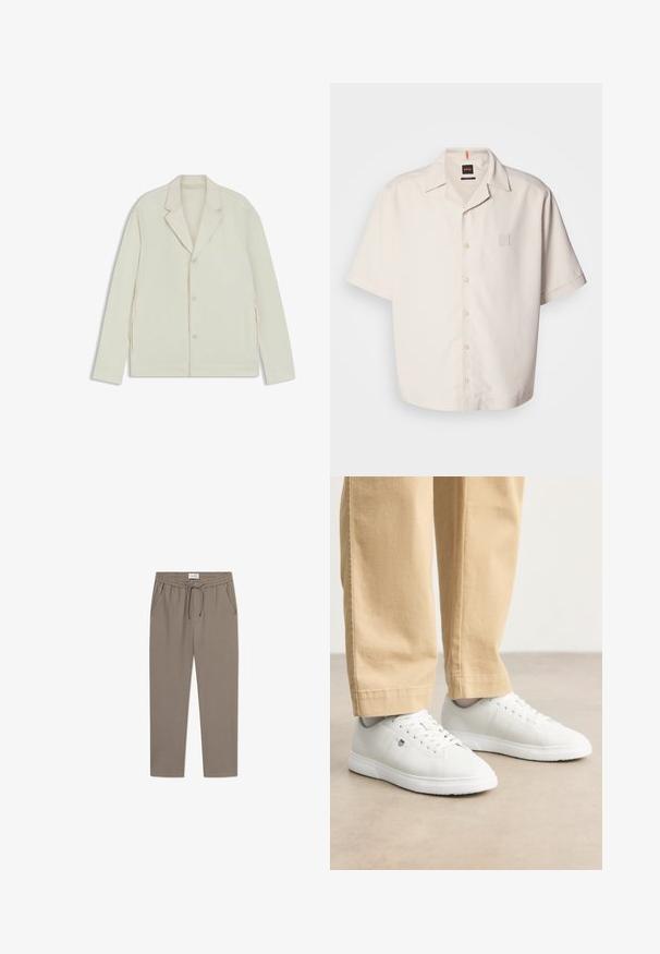 Lys beige jakke med klapkrave, knaplukning og sidelommer med lynlås. Lavet af glat, tekstureret stof med en skræddersyet pasform.; Kortærmet, cremet knap-up skjorte lavet af glat stof, med en lille firkantet logo-lomme og et klassisk kravedesign.; Grå joggerbukser med elastisk talje, snøring og sidelommer. Stoffet virker glat med en afslappet pasform og indsnørede ben.; Hvide lædersneakers med glat overflade, rund tå, snørebåndsdesign og diskret logodetalje på siden, parret med beige bukser.