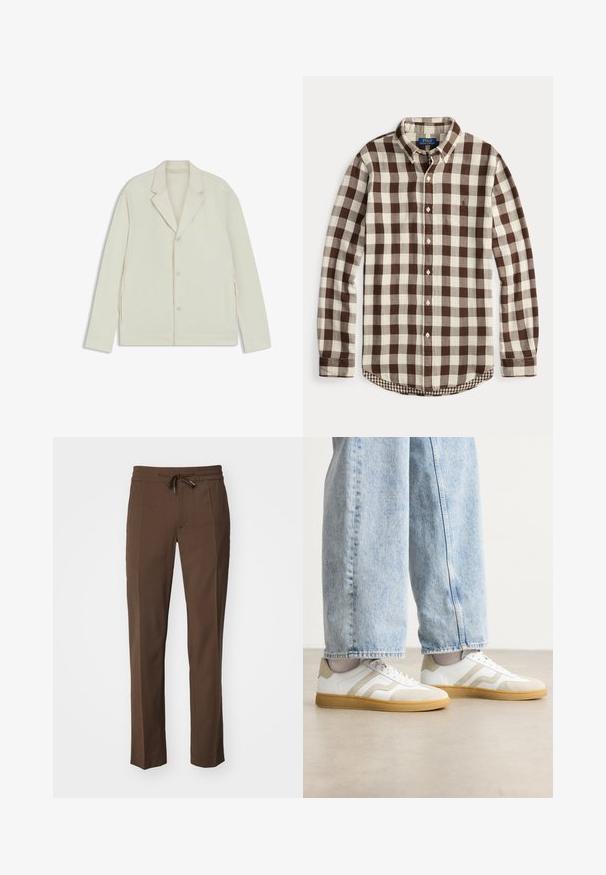 Helle beigefarbene Jacke mit Reverskragen, Knopfverschluss und seitlichen Reißverschlüssen. Hergestellt aus glattem, strukturiertem Material mit einer taillierten Passform.; Langärmliges Hemd mit Knöpfen in braun-creme kariertem Muster, geknöpftem Kragen und dezentem, auf der Brust gesticktem Logo.; Braune Hose mit einem Kordelzugbund, schmal zulaufenden Beinen und einer glatten Textur, mit flachem Vorderdesign und ohne sichtbare Taschen.; Weiße Sneakers mit beigen Wildleder-Akzenten und hellen Gummisohlen; verfügen über ein Low-Top-Design und eine strukturierte Oberflächenverarbeitung.