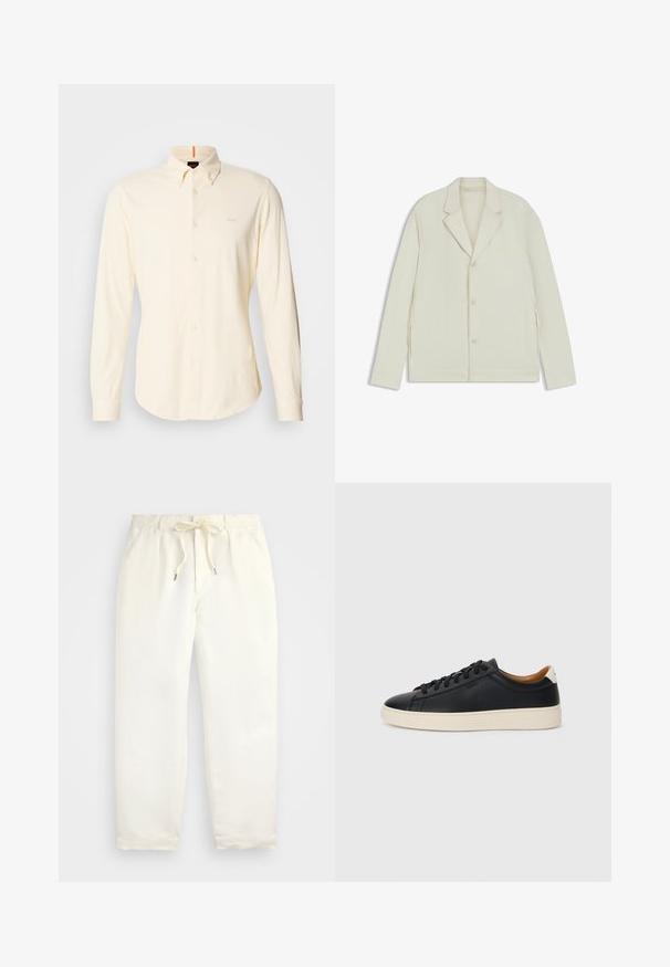 Light beige jacket with a notched lapel, button closure, and side zippers. Made from smooth, textured fabric with a tailored fit.; Long-sleeve, button-up shirt in light beige cotton; features a classic collar and small logo detail on the upper left chest.; Light cream, casual pants made of soft fabric. Features an elastic waistband with a drawstring, and tapered leg design.; Black leather sneakers with a smooth texture, beige rubber sole, lace-up design, and a contrasting heel accent.