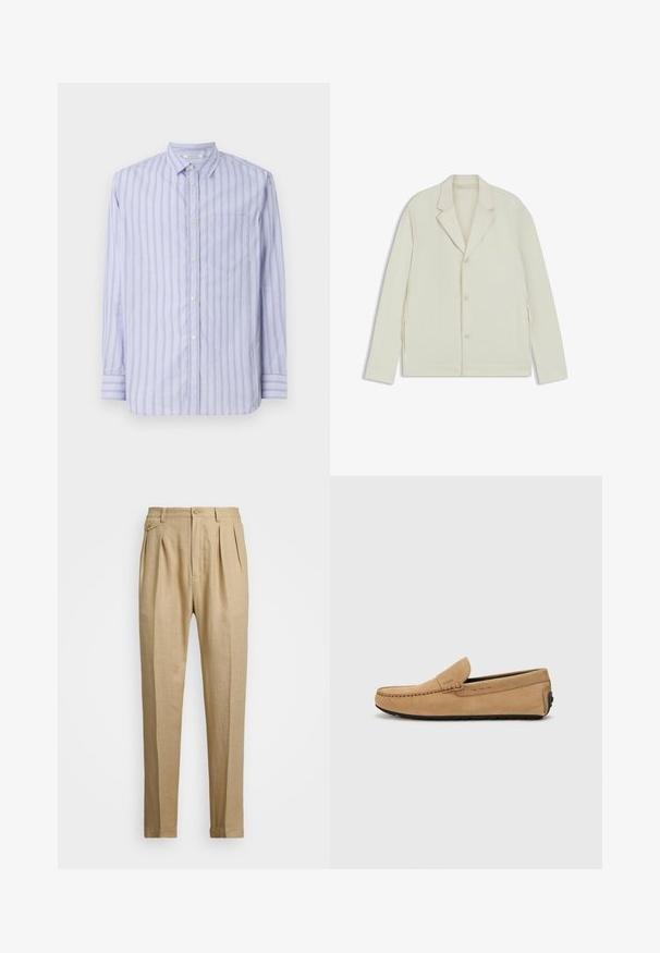 Lichtbeige jas met een geknipte revers, knoopsluiting en zijritsen. Gemaakt van een gladde, gestructureerde stof met een slim fit.; Lange mouw, knoopsluiting shirt in lichtblauw met witte en gele verticale strepen, met een borstzak en een klassiek kraagontwerp.; Beige linnen broek met een rechte snit, voorzien van twee voorplooien, een knoopsluiting en zijzakken. Gestructureerde stof met een gladde afwerking.; Beige suède moccasin met een gestikte neus, instapontwerp en zwarte rubberen zool. Heeft subtiele branding aan de zijkant.